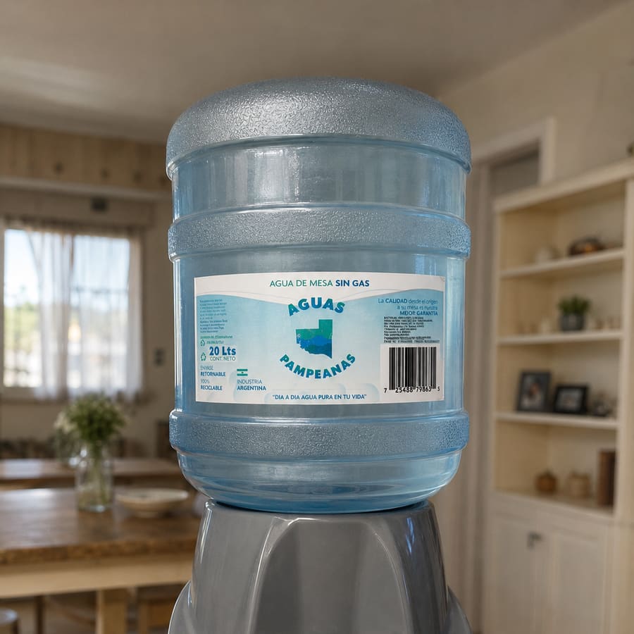 Bidón de agua de 20 litros de Aguas Pampeanas, con la etiqueta de agua de mesa sin gas