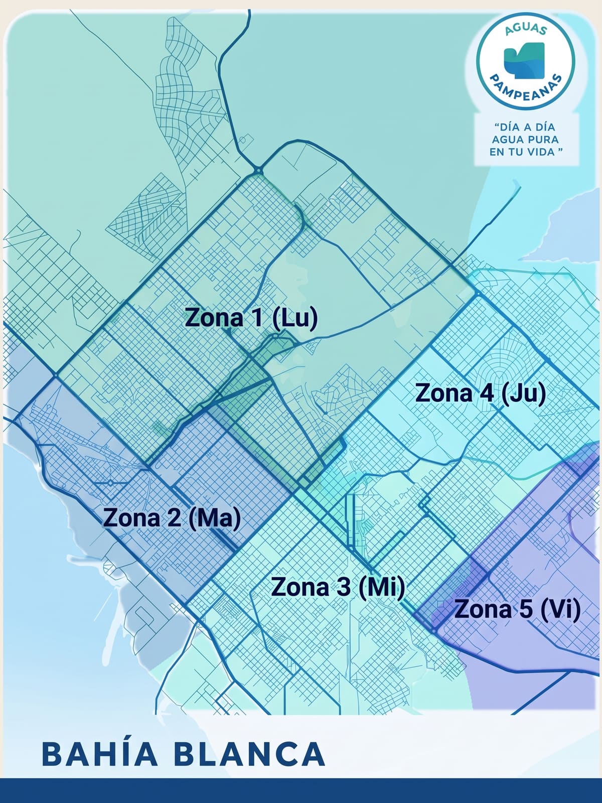 Mapa de Bahía Blanca con las cinco zonas de reparto de Aguas Pampeanas y el día de cada una